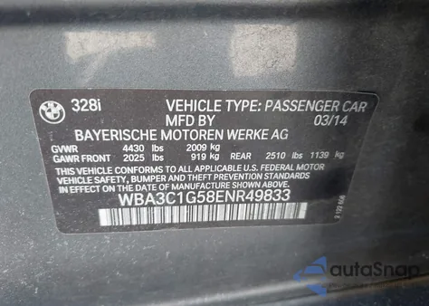 2014 BMW 328I from USA, damaged, VIN WBA3C1G58ENR49833
